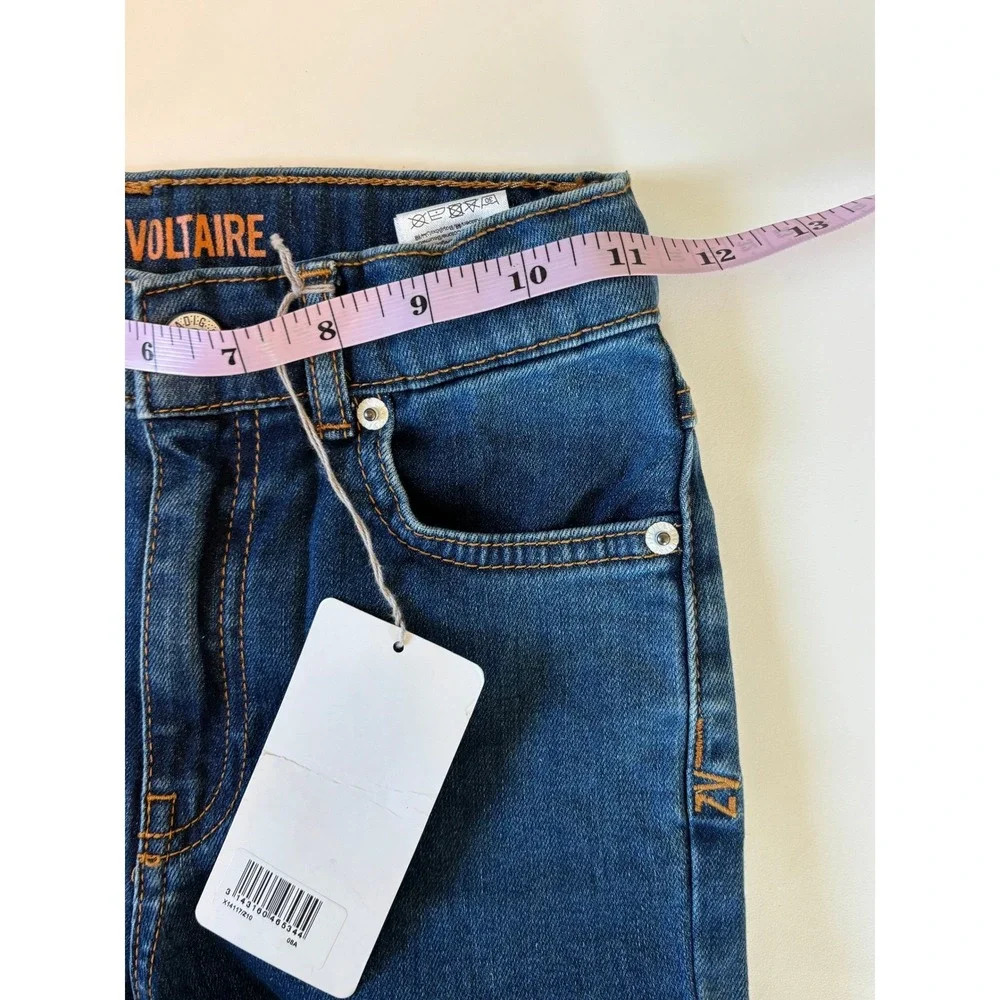 Zadig‎ & Voltaire Maggie Jeans Blue Kids Size 8 Embroidered Skull Raw Hem
